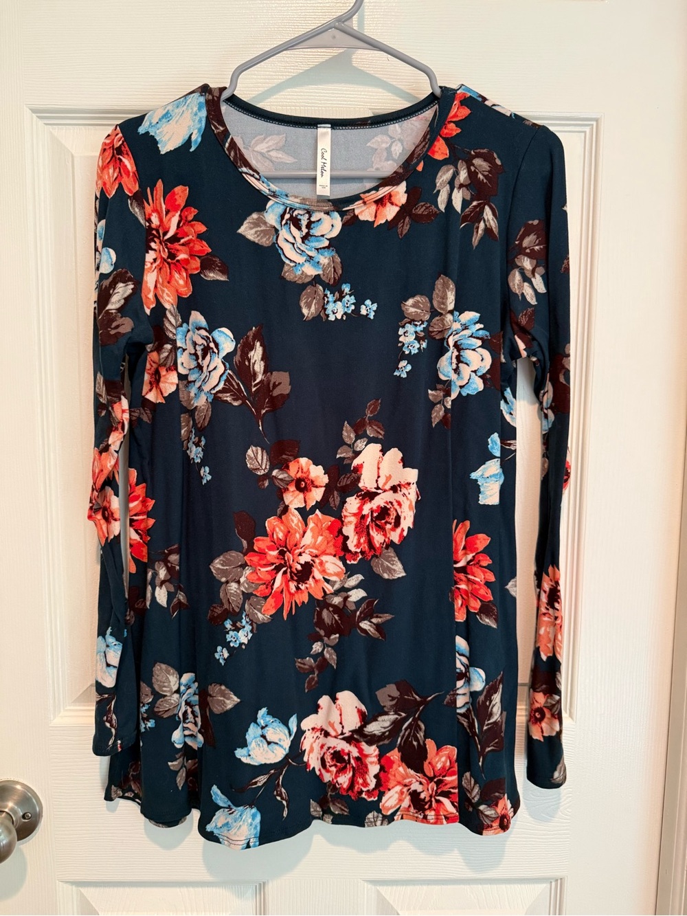 Cool Melon Women’s Floral Long Sleeve Top - Dark Teal with Floral Large